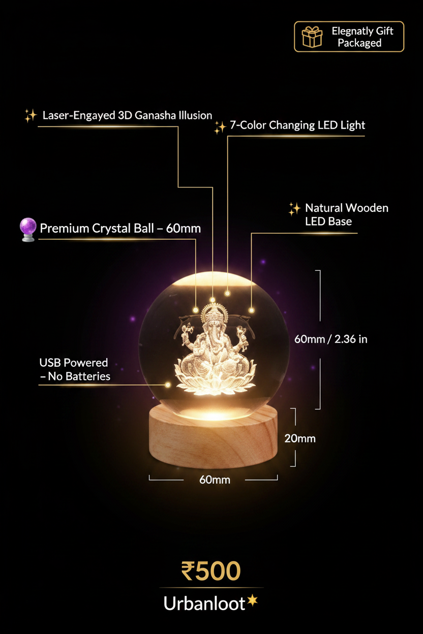 Lord Ganesha 3D Crystal Ball Night Lamp - Premium Infographic